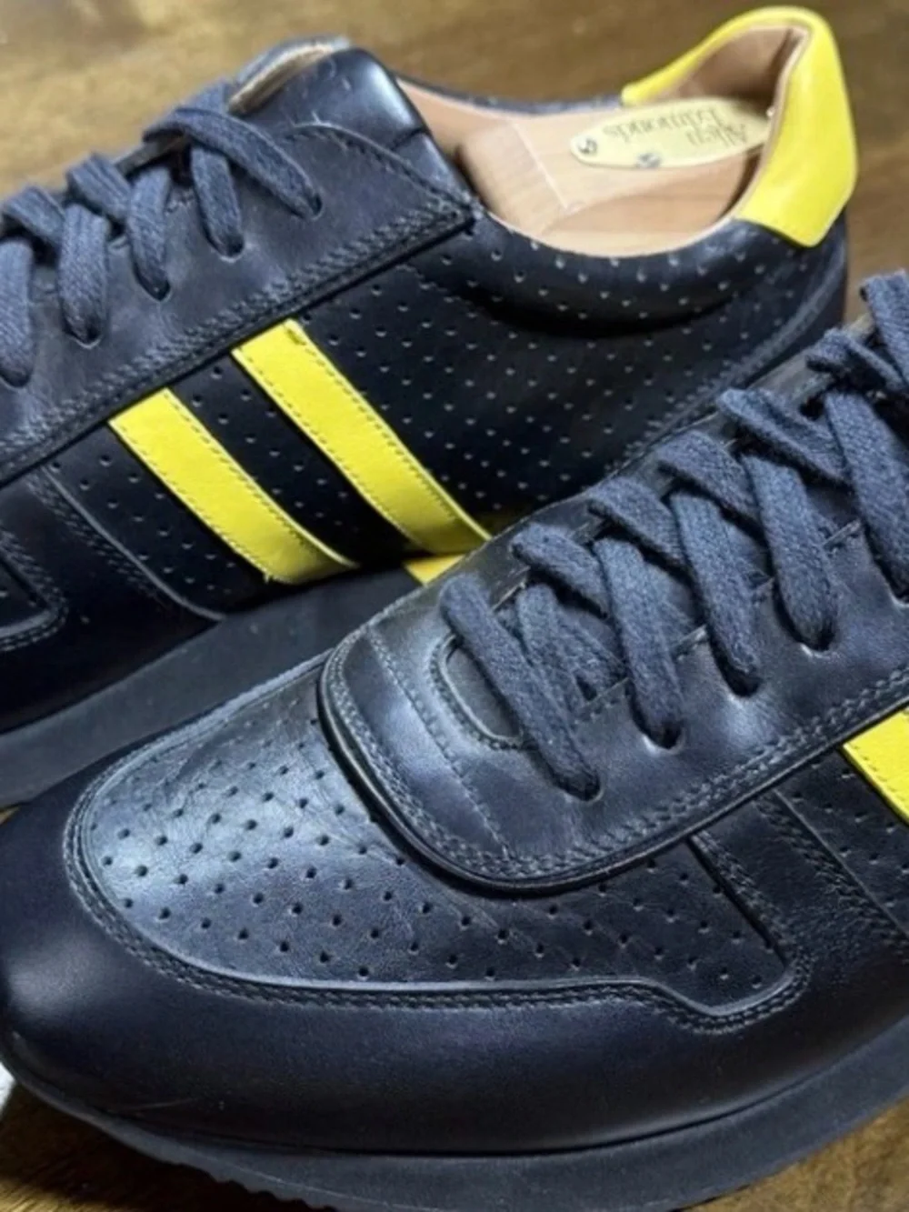 Ralph Lauren Purple Label Black Leather Sneakers with Yellow Stripes
